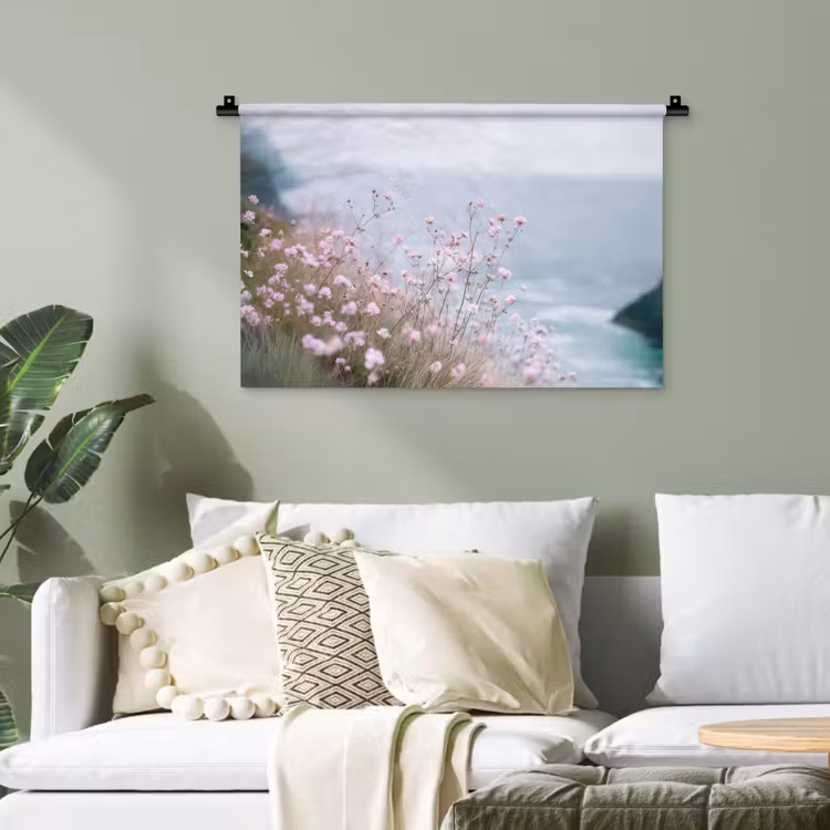 Klif - Bloemen - Zee - Roze Wandkleed katoen klein -sfeer7