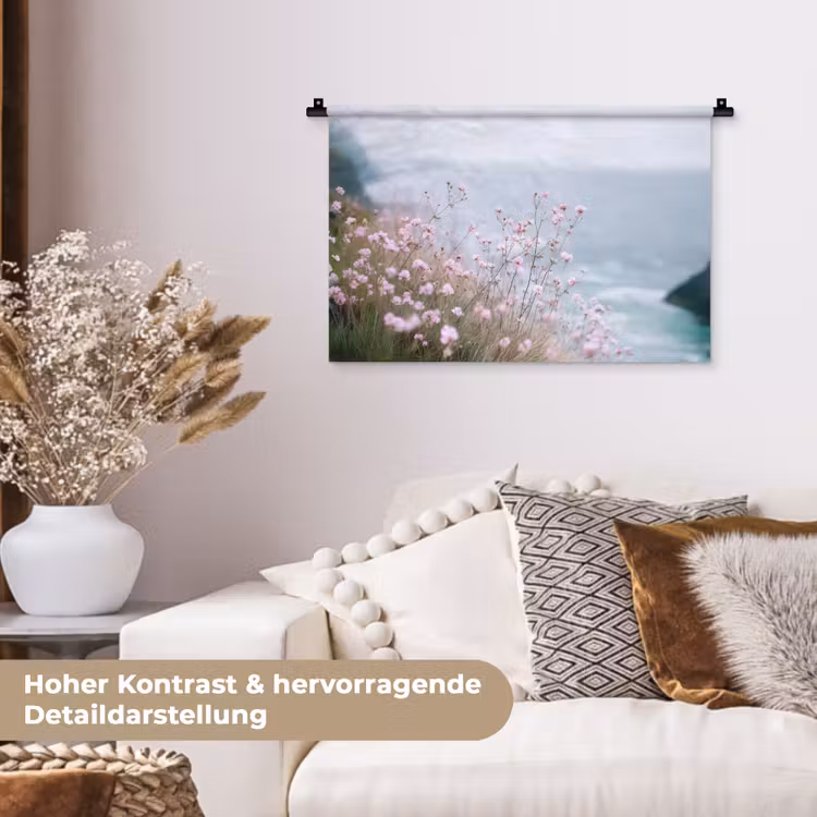 Klif - Bloemen - Zee - Roze Wandkleed katoen klein -tsfeer1_DE
