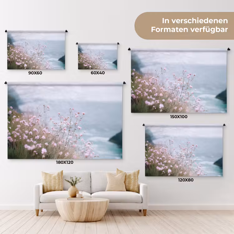 Klif - Bloemen - Zee - Roze Wandkleed katoen klein -tsfeer8_DE