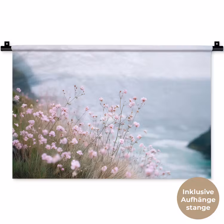 Klif - Bloemen - Zee - Roze Wandkleed katoen klein -t3d_DE