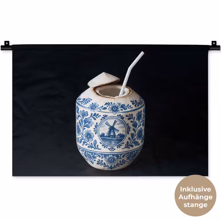 Kokosnoot - Eten - Delfts blauw - Drinken Wandkleed katoen klein -t3d_DE
