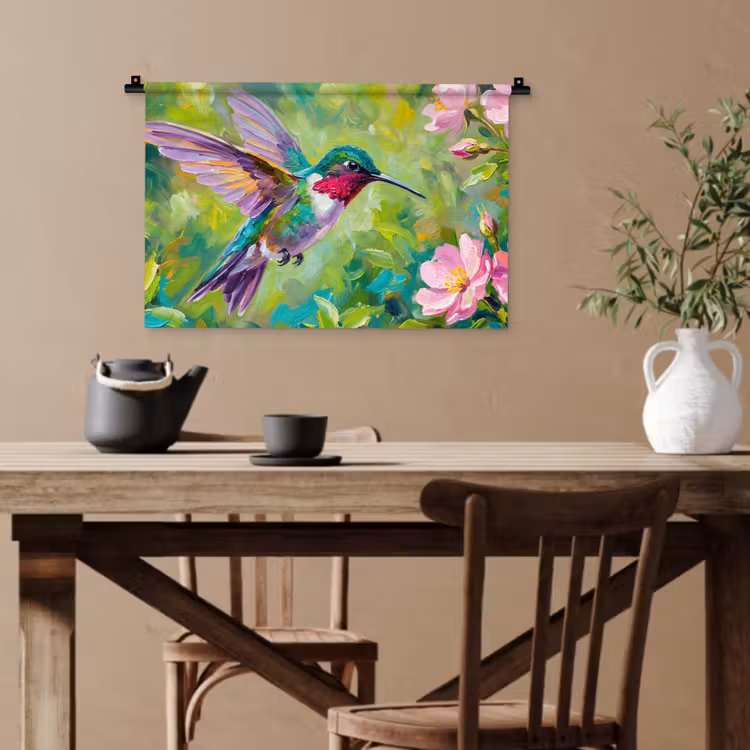 Kolibrie - Bloemen - Natuur - Kleurrijk Wandkleed katoen klein -sfeer6