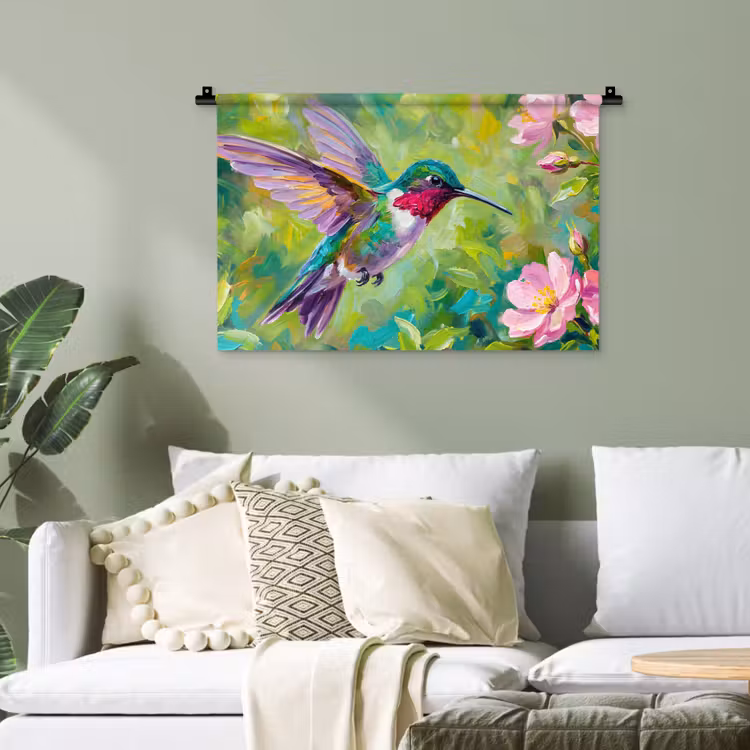 Kolibrie - Bloemen - Natuur - Kleurrijk Wandkleed katoen klein -sfeer7