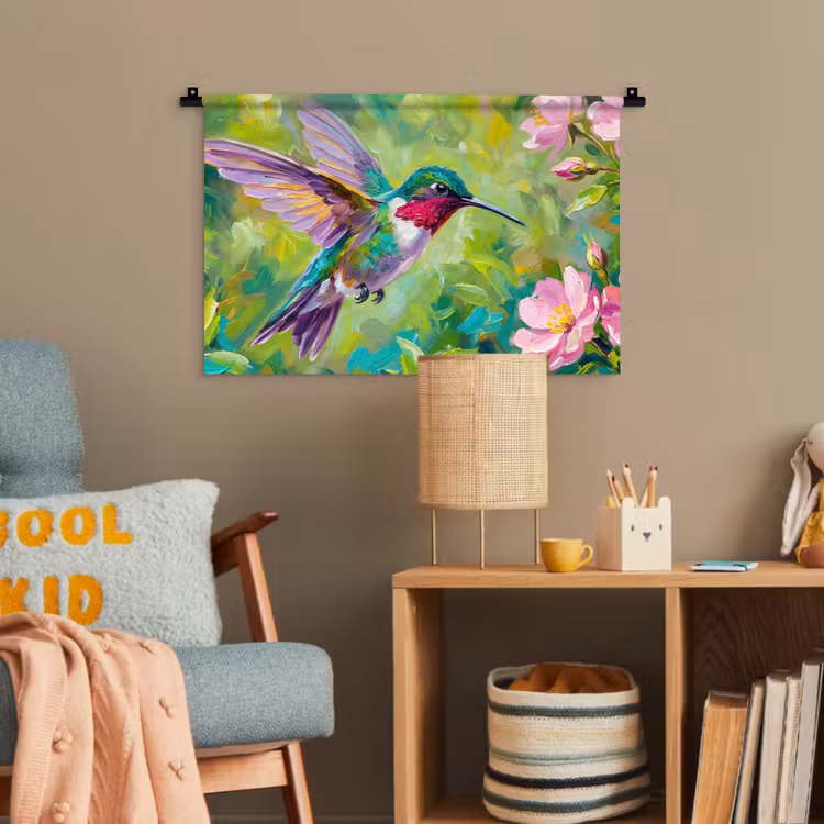 Kolibrie - Bloemen - Natuur - Kleurrijk Wandkleed katoen klein -wsfeer4_kind
