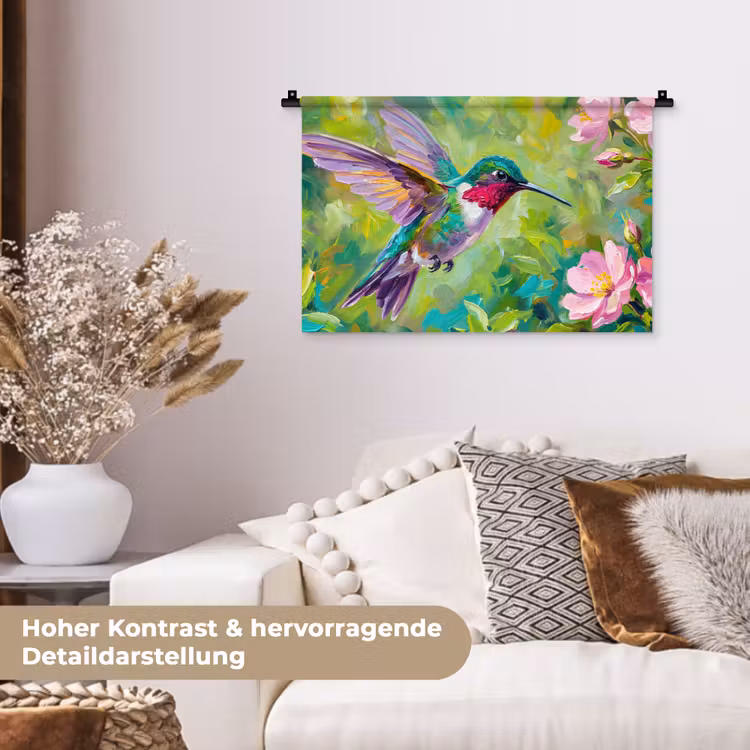 Kolibrie - Bloemen - Natuur - Kleurrijk Wandkleed katoen klein -tsfeer1_DE
