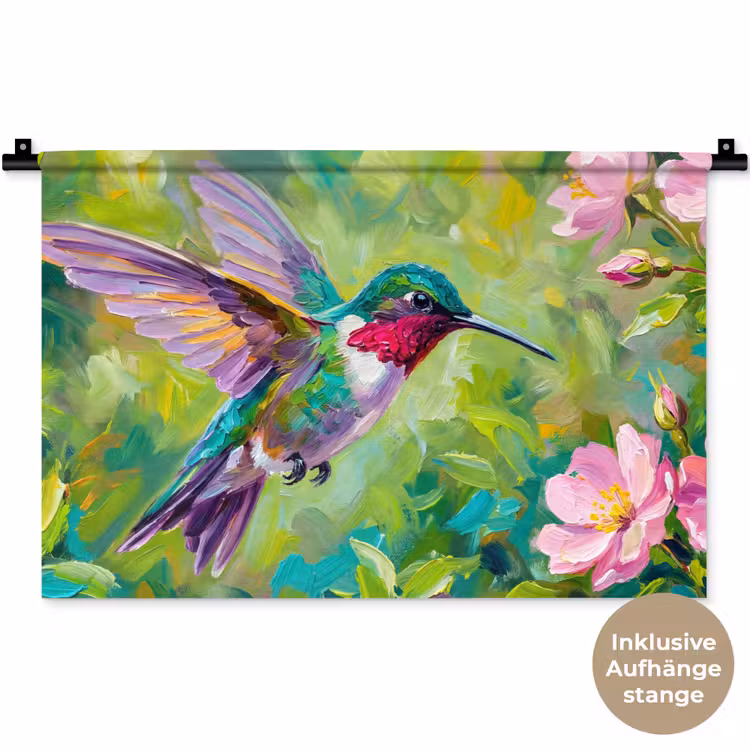 Kolibrie - Bloemen - Natuur - Kleurrijk Wandkleed katoen klein -t3d_DE