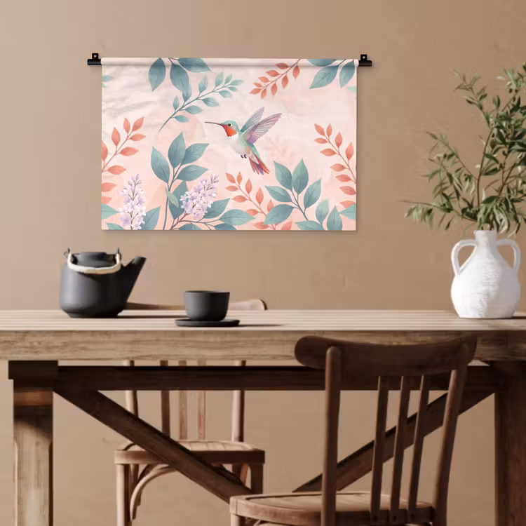 Kolibrie - Vliegen - Natuur - Illustratie - Kleurrijk Wandkleed katoen klein -sfeer6
