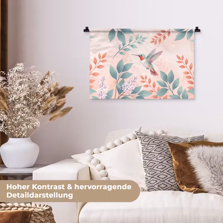 Kolibrie - Vliegen - Natuur - Illustratie - Kleurrijk Wandkleed katoen klein -tsfeer1_DE