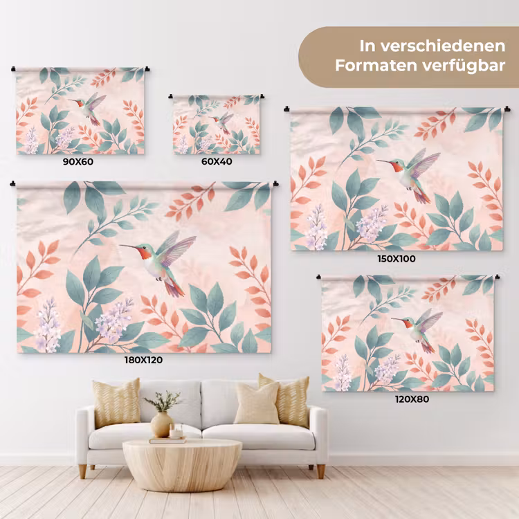 Kolibrie - Vliegen - Natuur - Illustratie - Kleurrijk Wandkleed katoen klein -tsfeer8_DE