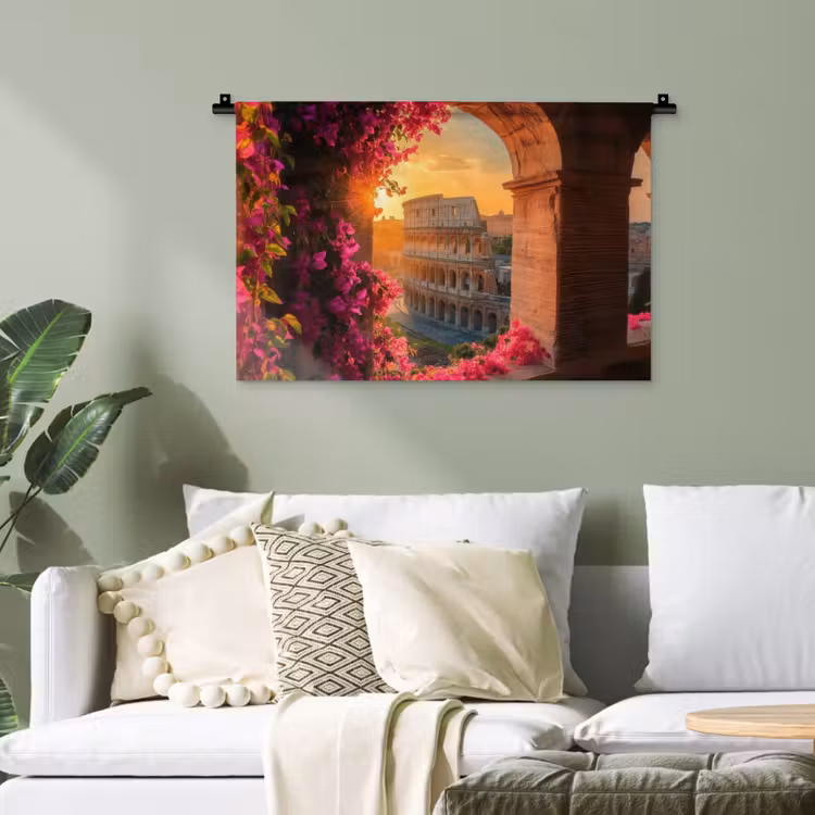 Colosseum - Rome - Roze Bloemen Wandkleed katoen klein -sfeer7