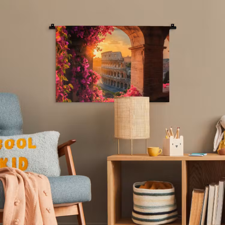 Colosseum - Rome - Roze Bloemen Wandkleed katoen klein -wsfeer4_kind