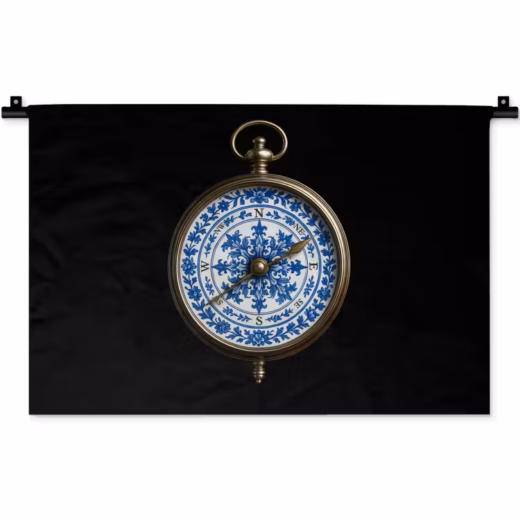 Kompas - Delfts blauw - Zwart Wandkleed katoen klein -zz3d