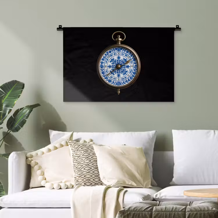 Kompas - Delfts blauw - Zwart Wandkleed katoen klein -sfeer7