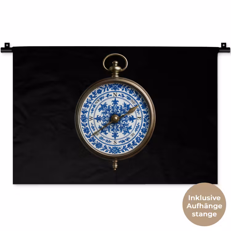 Kompas - Delfts blauw - Zwart Wandkleed katoen klein -t3d_DE