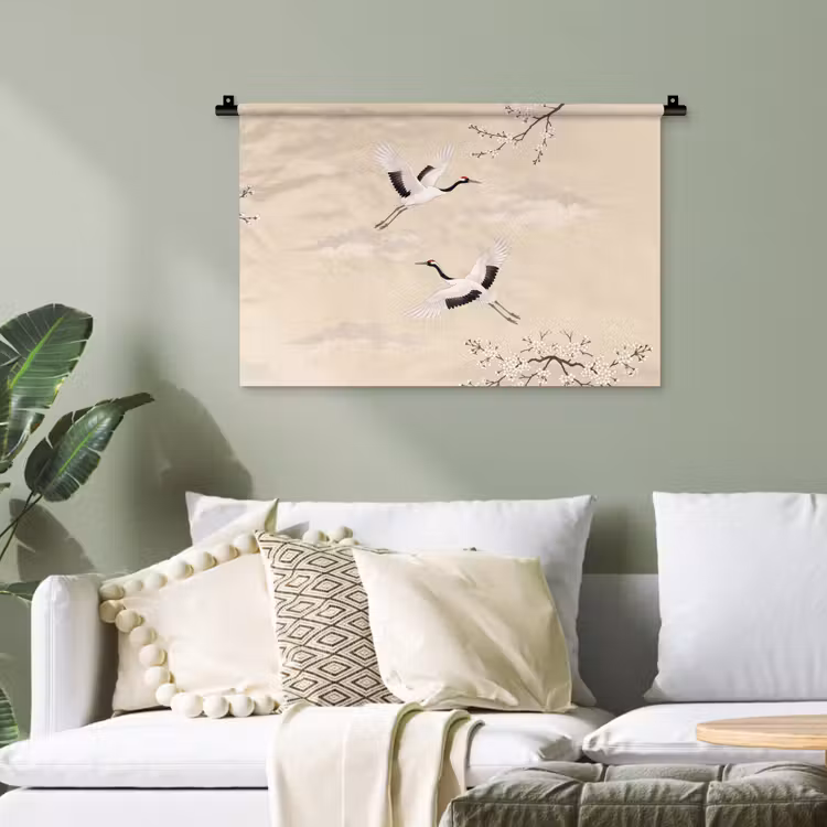 Kraanvogels - Bloesem - Beige Wandkleed katoen klein -sfeer7