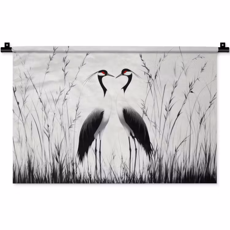Kraanvogels - Gras - Hartvorm - Zwart Wandkleed katoen klein -zz3d