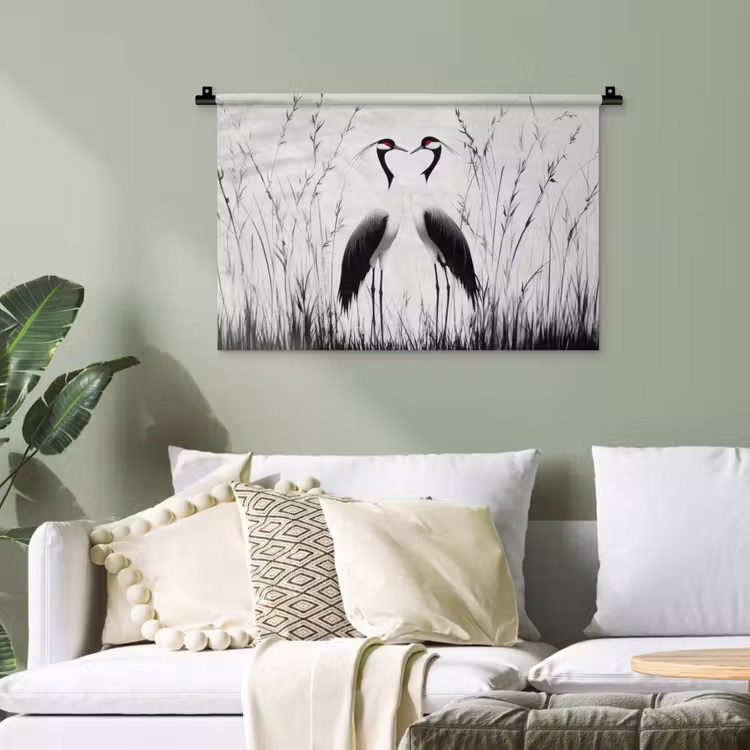 Kraanvogels - Gras - Hartvorm - Zwart Wandkleed katoen klein -sfeer7