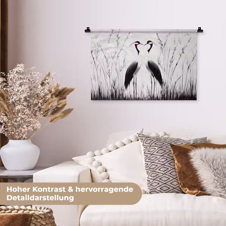Kraanvogels - Gras - Hartvorm - Zwart Wandkleed katoen klein -tsfeer1_DE