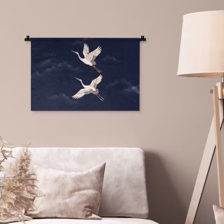 Kraanvogels - Nachthemel - Blauw Wandkleed katoen klein -sfeer4