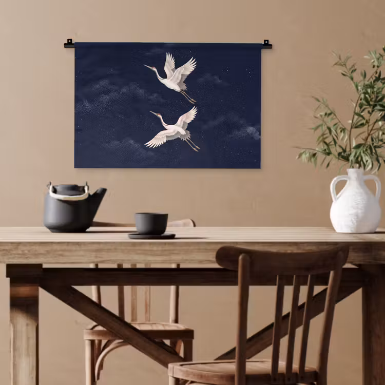 Kraanvogels - Nachthemel - Blauw Wandkleed katoen klein -sfeer6