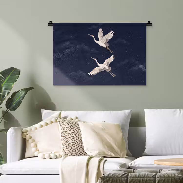 Kraanvogels - Nachthemel - Blauw Wandkleed katoen klein -sfeer7