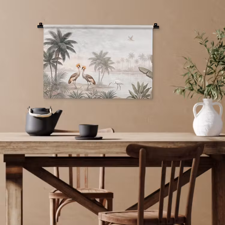 Kraanvogels - Palmbomen - Tropisch Wandkleed katoen klein -sfeer6