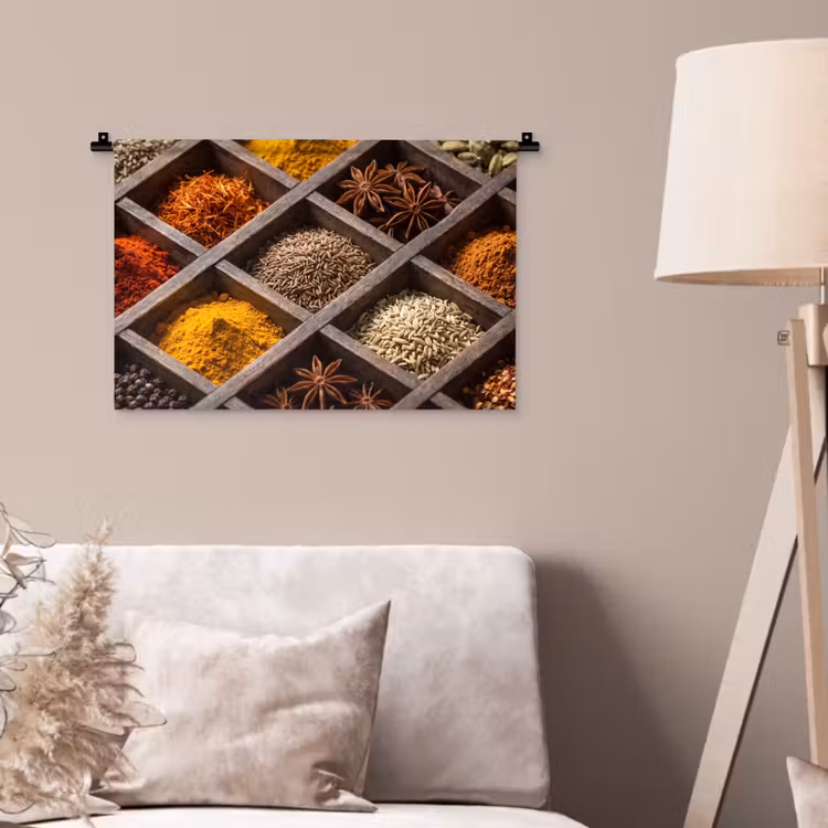 Wandteppich - Kräuter – Holz – Essen - Kruiden - Houten - Eten Wandkleed katoen klein