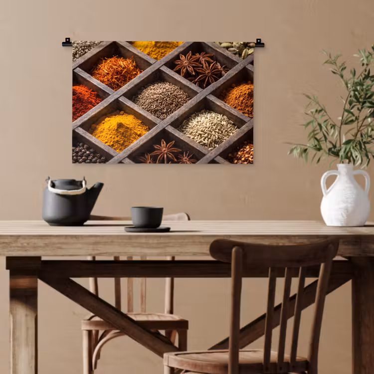 Wandteppich - Kräuter – Holz – Essen - Kruiden - Houten - Eten Wandkleed katoen klein