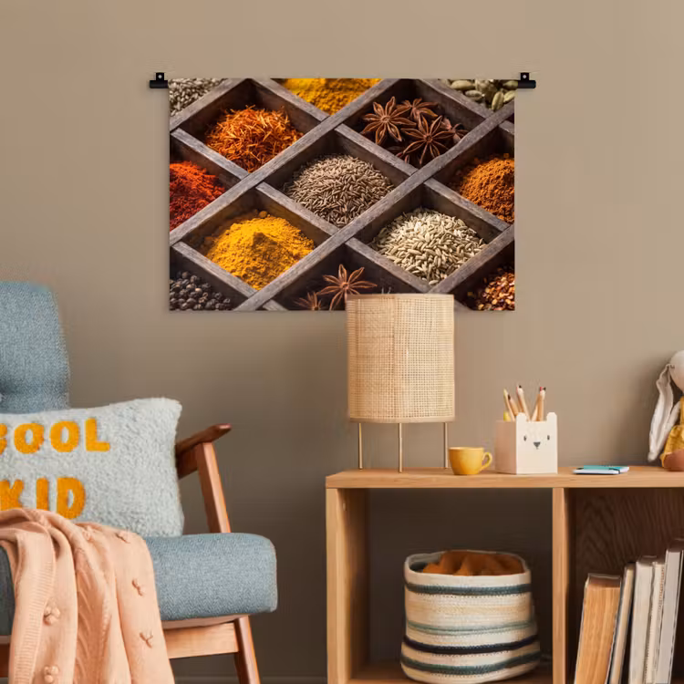 Wandteppich - Kräuter – Holz – Essen - Kruiden - Houten - Eten Wandkleed katoen klein