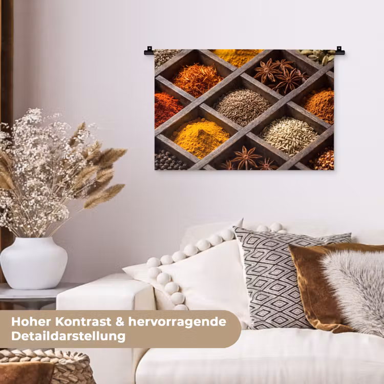 Wandteppich - Kräuter – Holz – Essen - Kruiden - Houten - Eten Wandkleed katoen klein