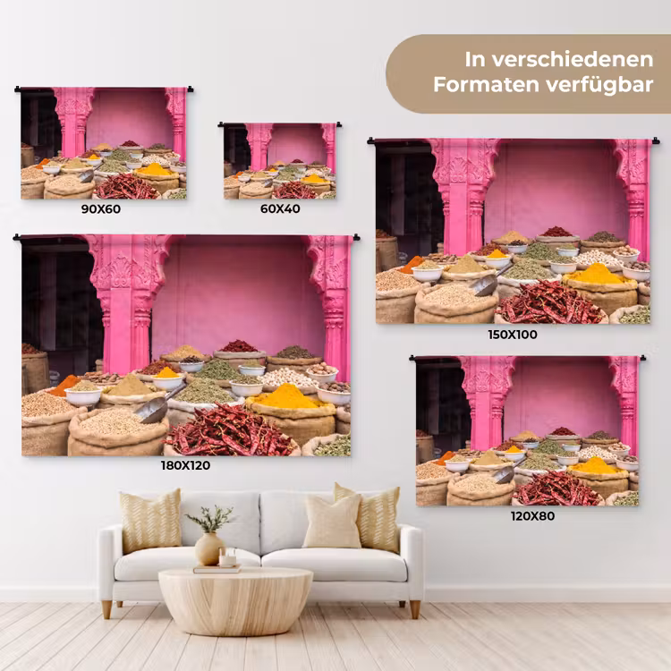 Wandteppich - Kräuter – Markt – Rosa - Kruiden - Markt - Roze Wandkleed katoen klein