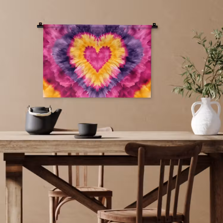 Tie dye - Hartvorm - Vlammen - Oranje Wandkleed katoen klein -sfeer6