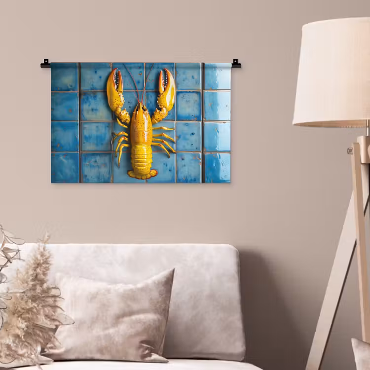 Kreeft - Geel - Blauw - Tegels Wandkleed katoen klein -sfeer4