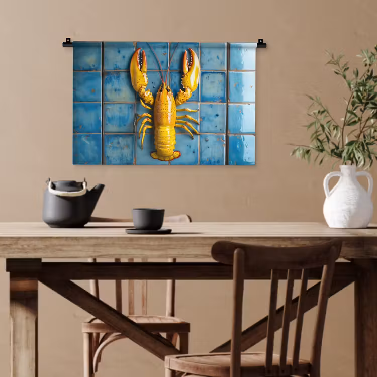 Kreeft - Geel - Blauw - Tegels Wandkleed katoen klein -sfeer6