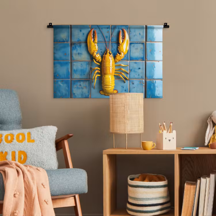 Kreeft - Geel - Blauw - Tegels Wandkleed katoen klein -wsfeer4_kind