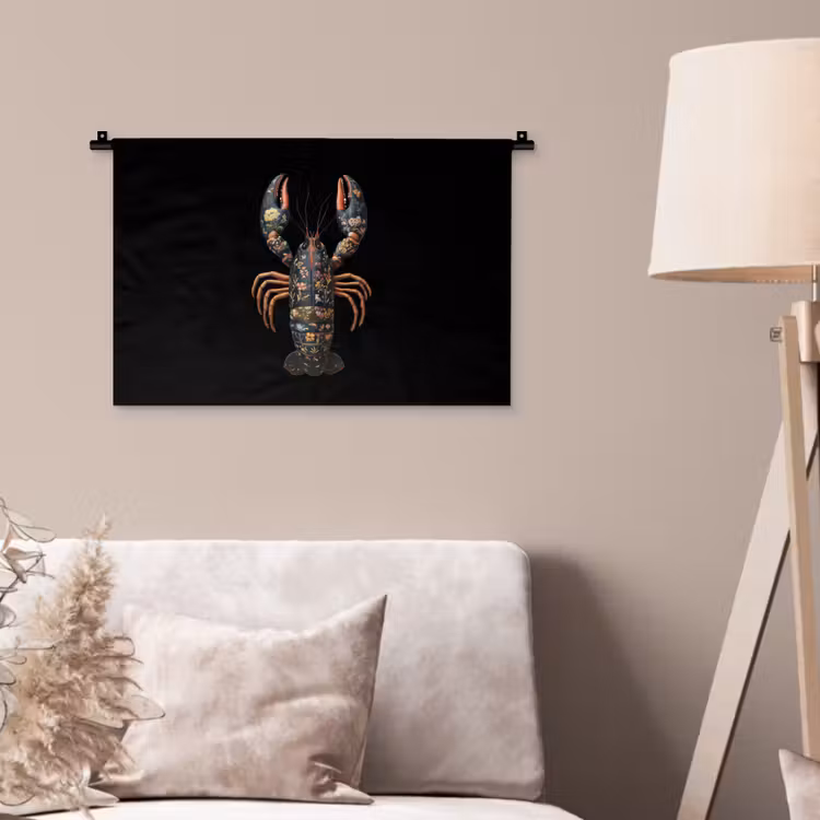 Kreeft - Zwart - Bloemenpatroon - Artistiek Wandkleed katoen klein -sfeer4