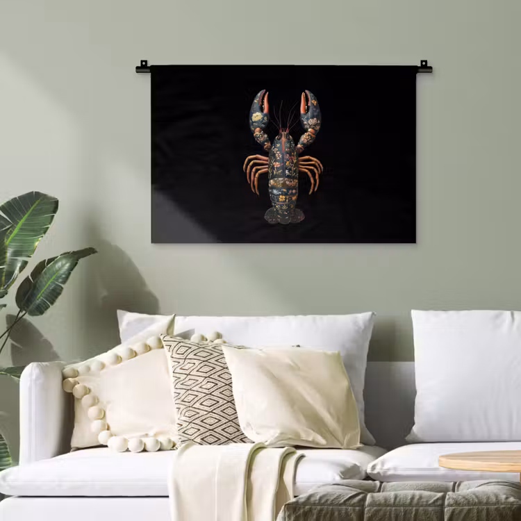 Kreeft - Zwart - Bloemenpatroon - Artistiek Wandkleed katoen klein -sfeer7