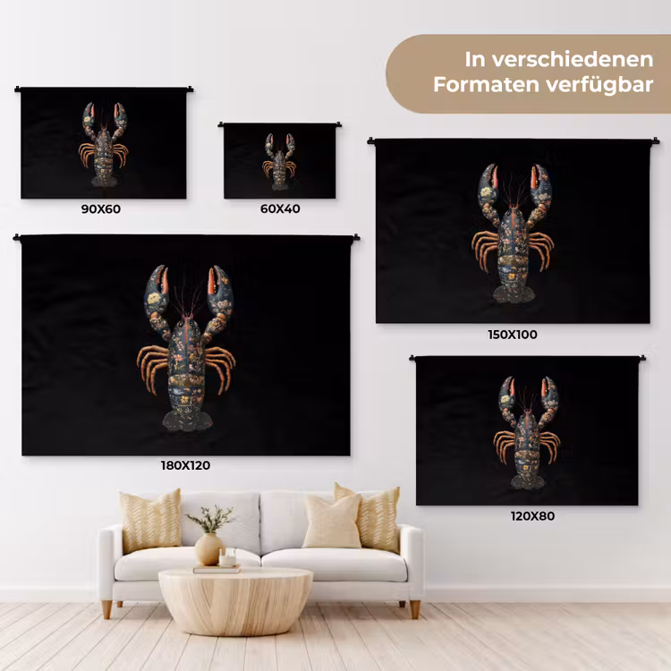 Kreeft - Zwart - Bloemenpatroon - Artistiek Wandkleed katoen klein -tsfeer8_DE