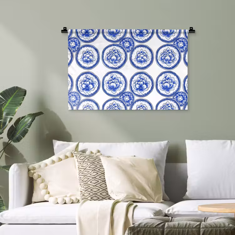 Cirkels - Bloemen - Blauw Wandkleed katoen klein 269 -sfeer7