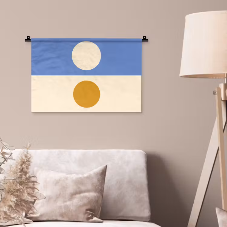 Cirkels - Symmetrisch - Wit - Blauw- Geel Wandkleed katoen klein -sfeer4