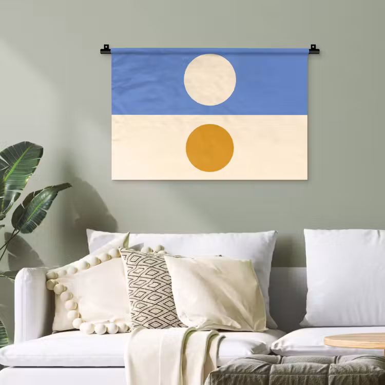 Cirkels - Symmetrisch - Wit - Blauw- Geel Wandkleed katoen klein -sfeer7