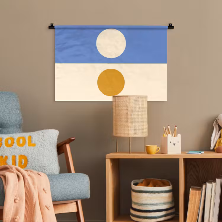 Cirkels - Symmetrisch - Wit - Blauw- Geel Wandkleed katoen klein -wsfeer4_kind