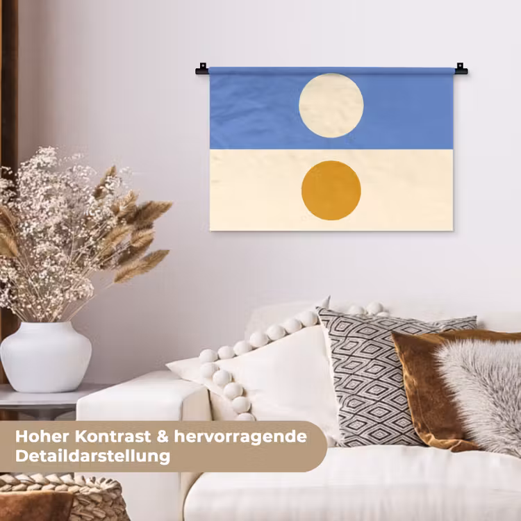 Cirkels - Symmetrisch - Wit - Blauw- Geel Wandkleed katoen klein -tsfeer1_DE