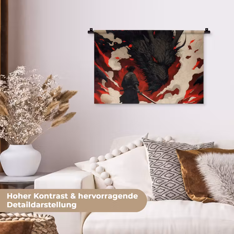 Krijger - Draak - Zwart - Rood - Rook Wandkleed katoen klein -tsfeer1_DE