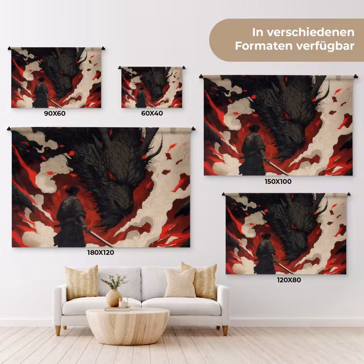 Krijger - Draak - Zwart - Rood - Rook Wandkleed katoen klein -tsfeer8_DE