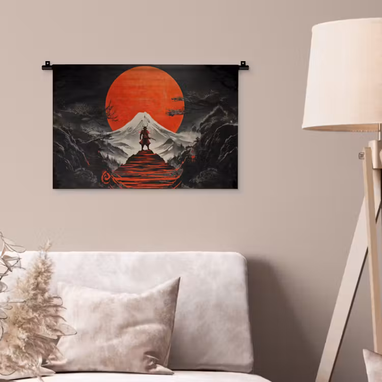 Krijger - Rode trappen - Zon - Berg Wandkleed katoen klein -sfeer4