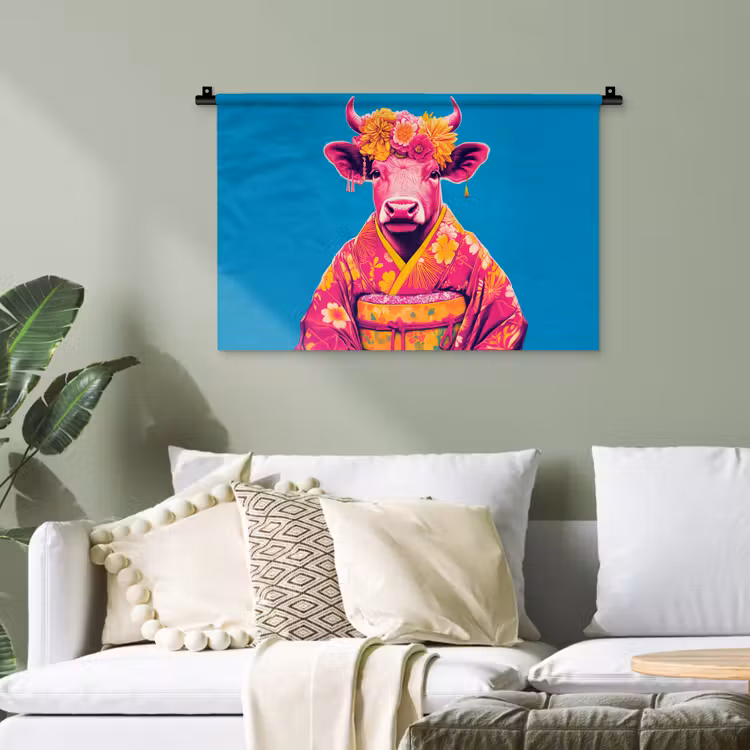 Koe - Bloemenkrans - Oorhangers - Kimono Wandkleed katoen klein -sfeer7
