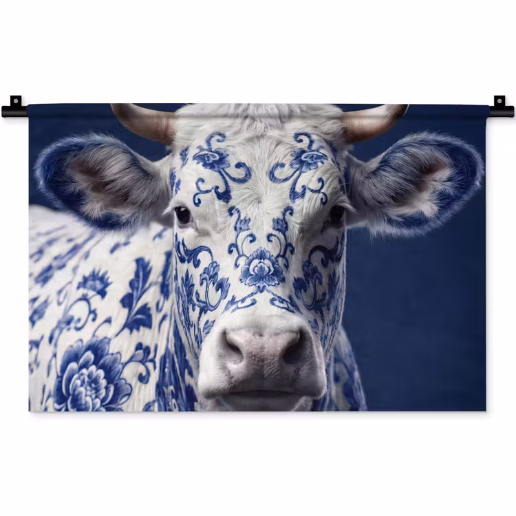 Koe - Delfts - Blauw - Artistiek Wandkleed katoen klein -zz3d