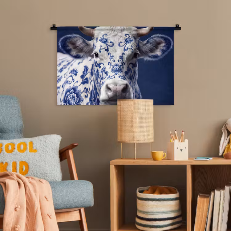 Koe - Delfts - Blauw - Artistiek Wandkleed katoen klein -wsfeer4_kind