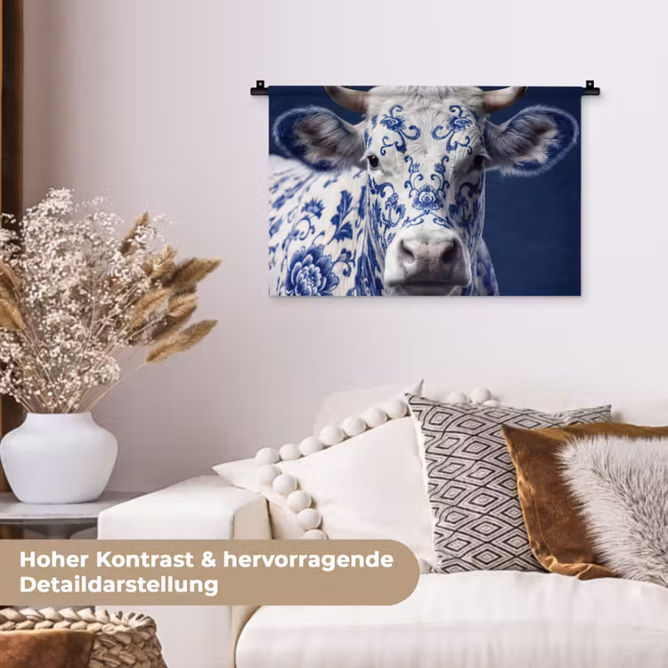 Koe - Delfts - Blauw - Artistiek Wandkleed katoen klein -tsfeer1_DE